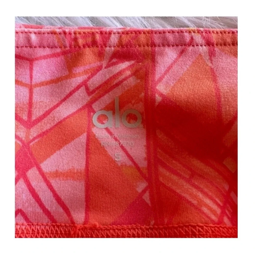 Alo Yoga Leggings Pants Goddess Geometric Print Coral Orange Ribbed Leg Sz Small